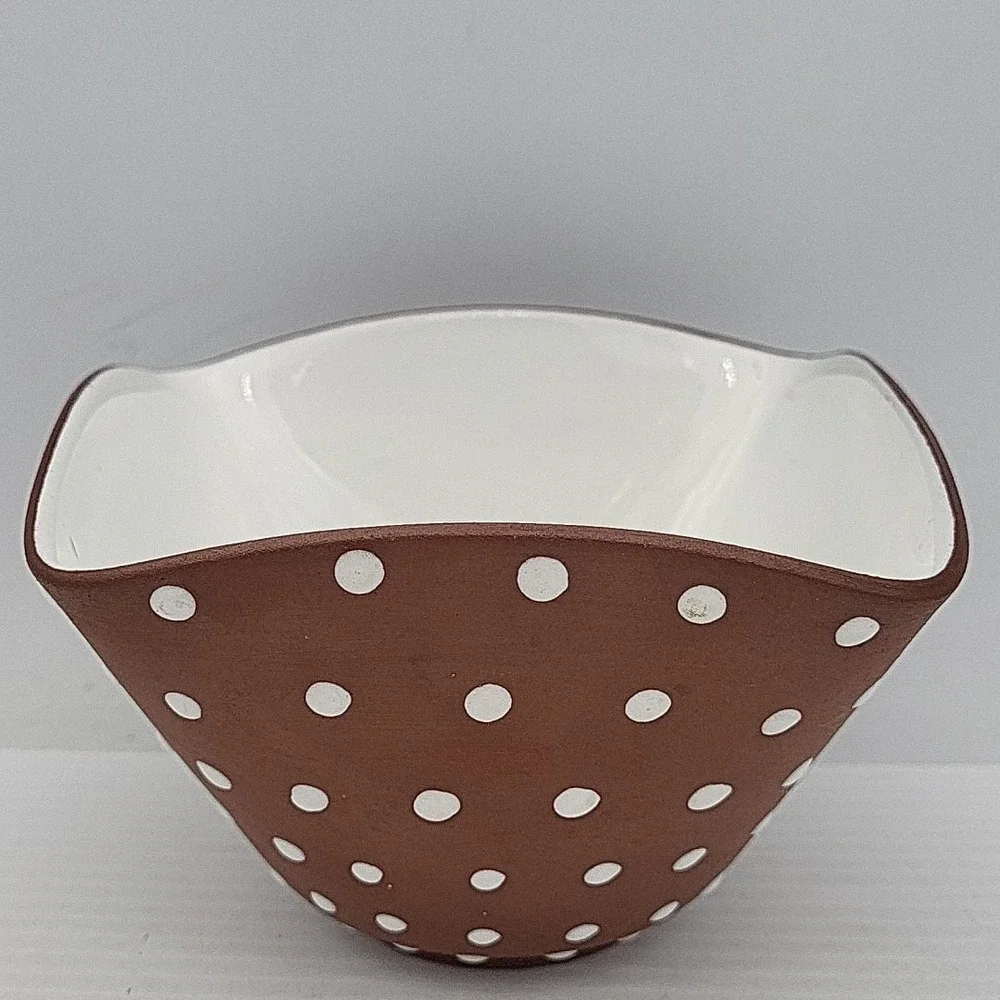 Mid Century Pottery BOWL NORWAY‎ Brown White Polka Dots